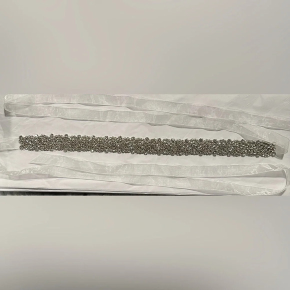 NWT Davids Bridal Wedding Dress Belt Slim Crystal Patterned Sash with Ribbon Tie - Picture 3 of 9
